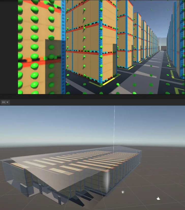 Detectium coverage planning in a warehouse: green markers throughout the storage racks and an overview of the building’s 3D model.