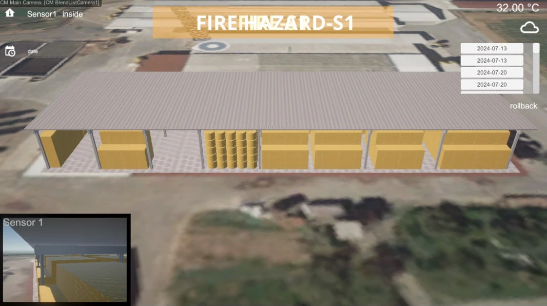 Deployed Detectium digital twin of a hay-storage building, showing stored hay, a fire-hazard alert and a sensor view.