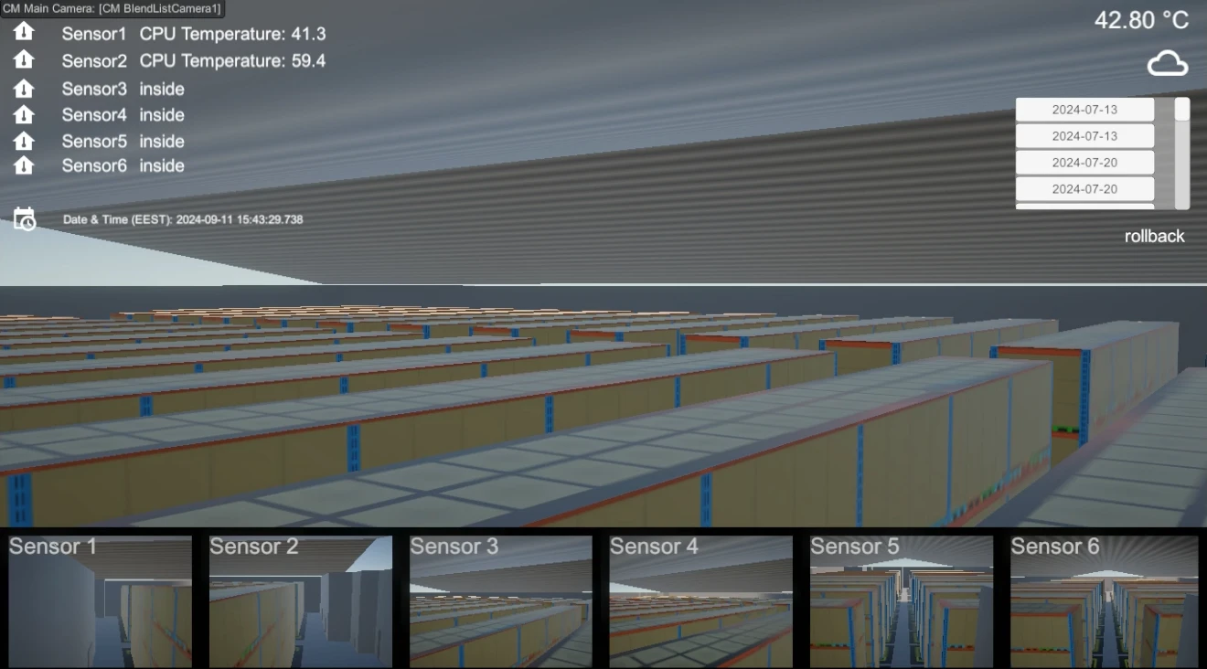 Deployed Detectium warehouse digital twin showing storage aisles, sensor information and six individual sensor views.