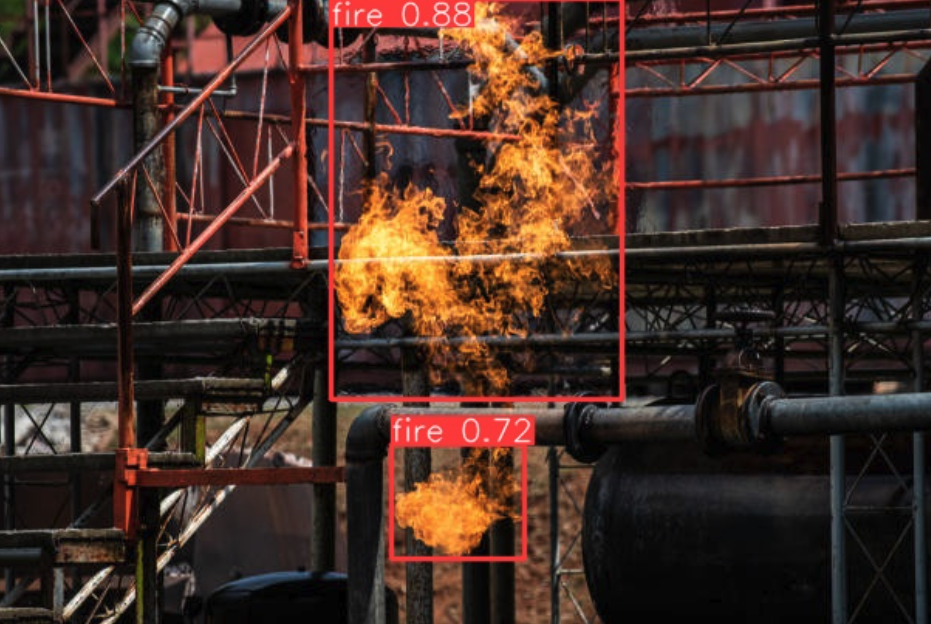 Two visible flames identified with confidence boxes in an industrial facility