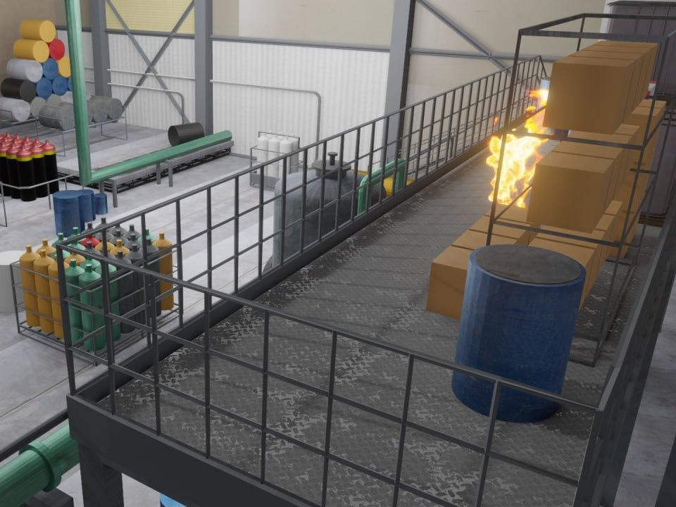 Fire developing in an industrial aisle, seen by the sensor