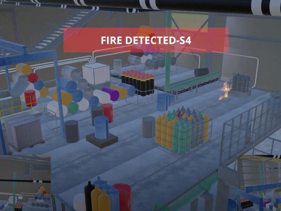 Digital twin of a plant interior with a fire detection alert raised over the affected zone