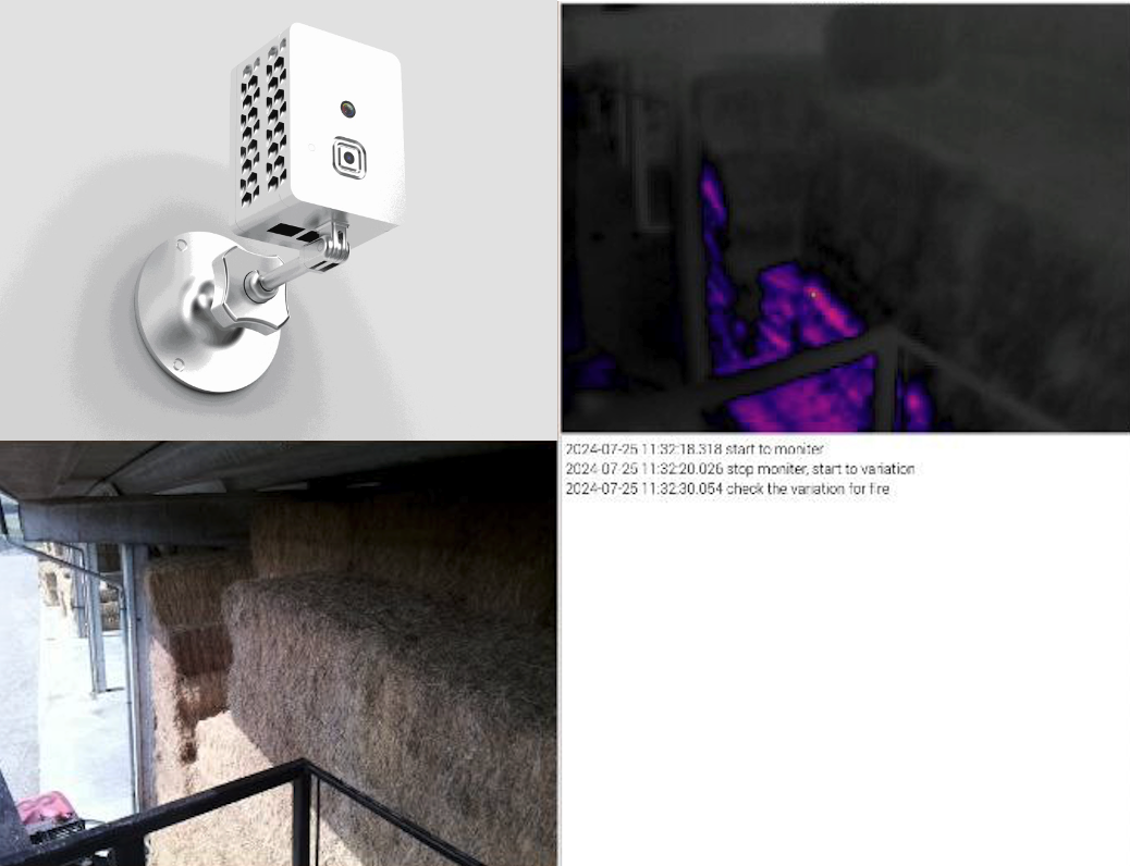 Detectium sensor alongside a thermal view in the upper right and an RGB view in the lower left